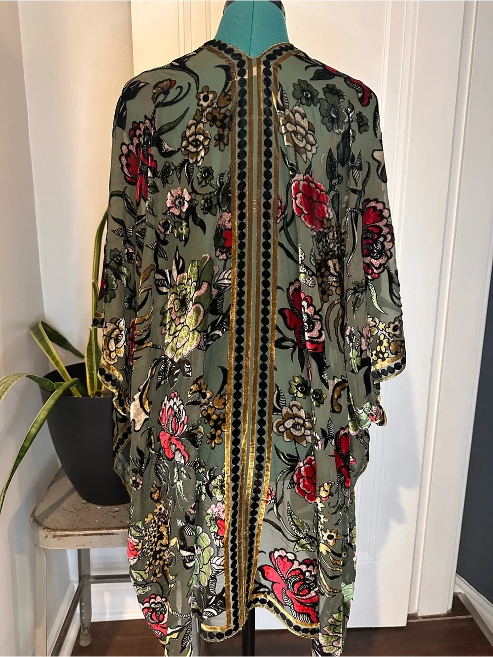 Olive Floral Embroidered Sheer Kimono with Red & Green Accents one size - Picture 2 of 11